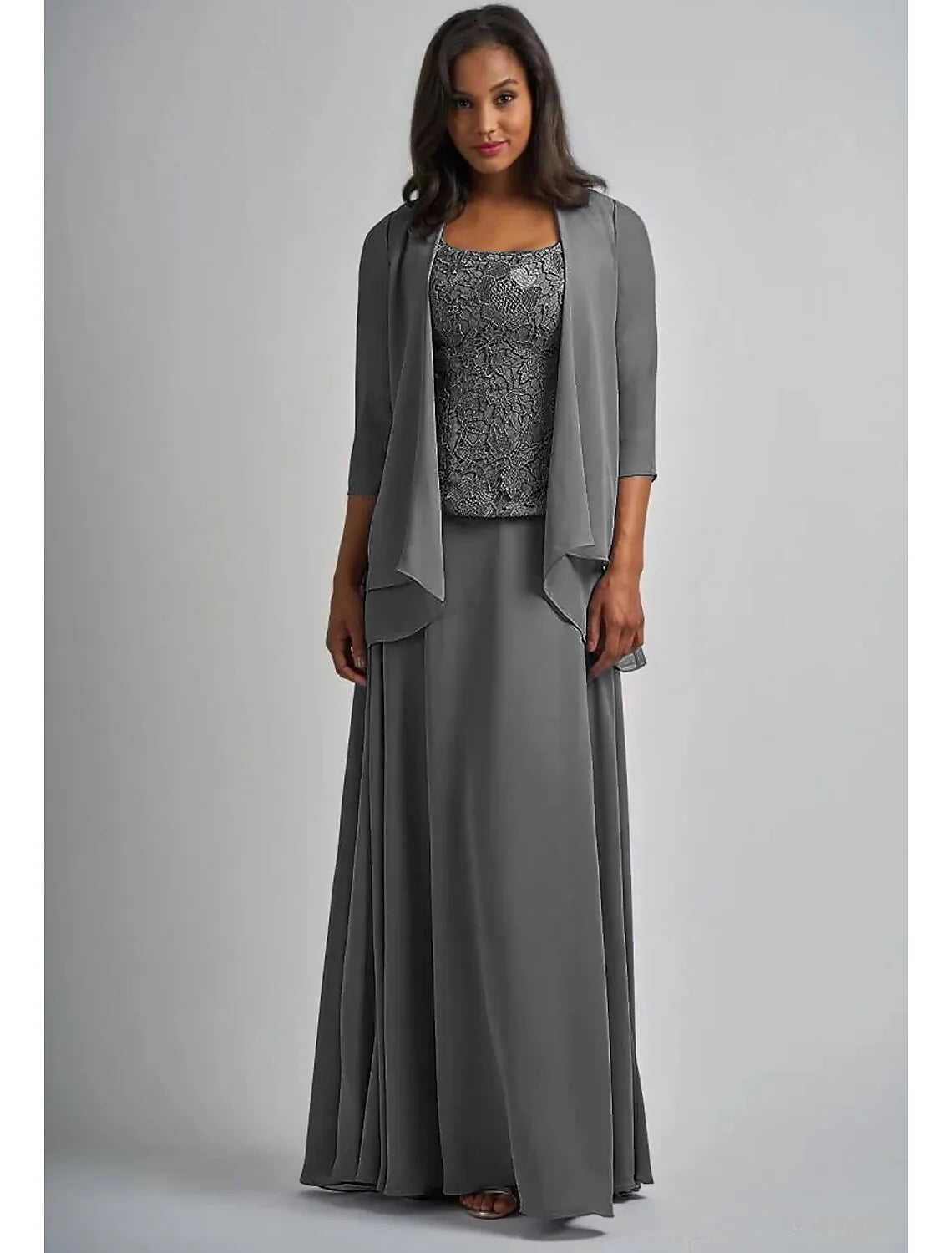DingjiTwo Piece A-Line Mother of the Bride Dress Elegant Square Neck Floor Length Chiffon Lace 3/4 Length Sleeve Wrap Included with Appliques