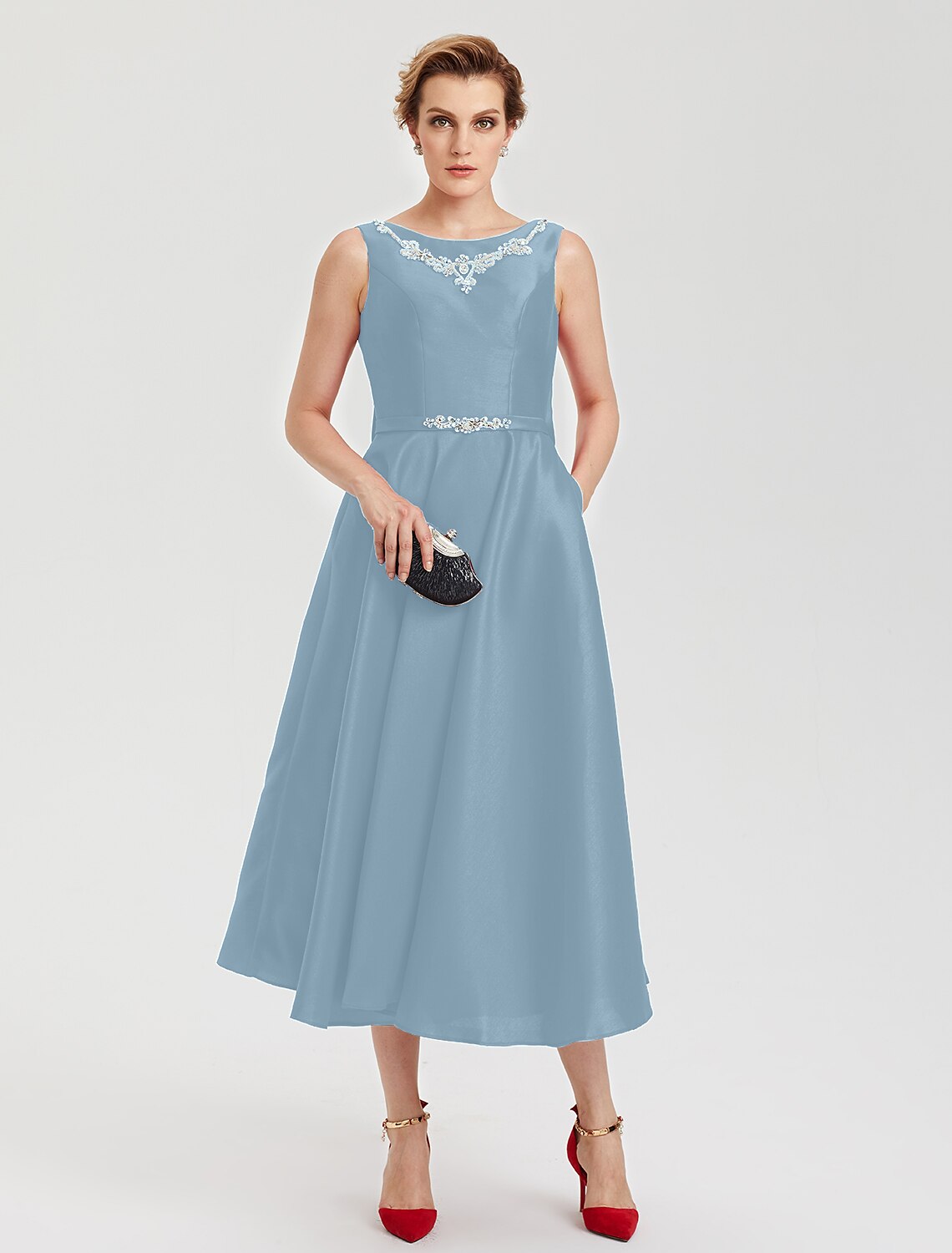 A-Line Elegant Open Back Evening Party Formal Dress Jewel Neck Sleeveless Tea Length Satin with Rhinestone Crystal Sash / Ribbon