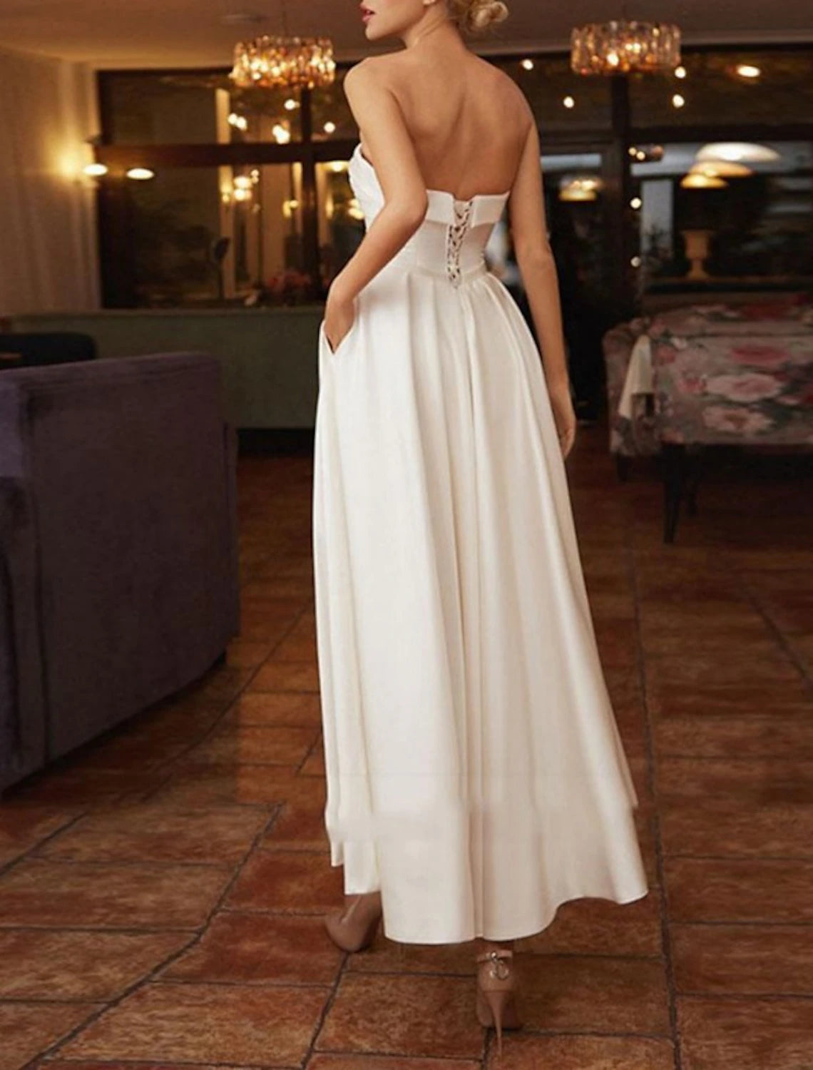 Bridal Shower Little White Dresses Wedding Dresses A-Line Square Neck Strapless Tea Length Charmeuse Bridal Gowns With Bow(s) Pleats