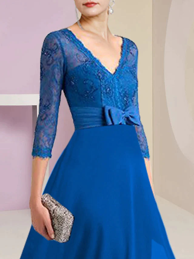 A-Line Mother of the Bride Dress Formal Wedding Guest Elegant High Low V Neck Asymmetrical Tea Length Chiffon Lace 3/4 Length Sleeve with Bow(s)