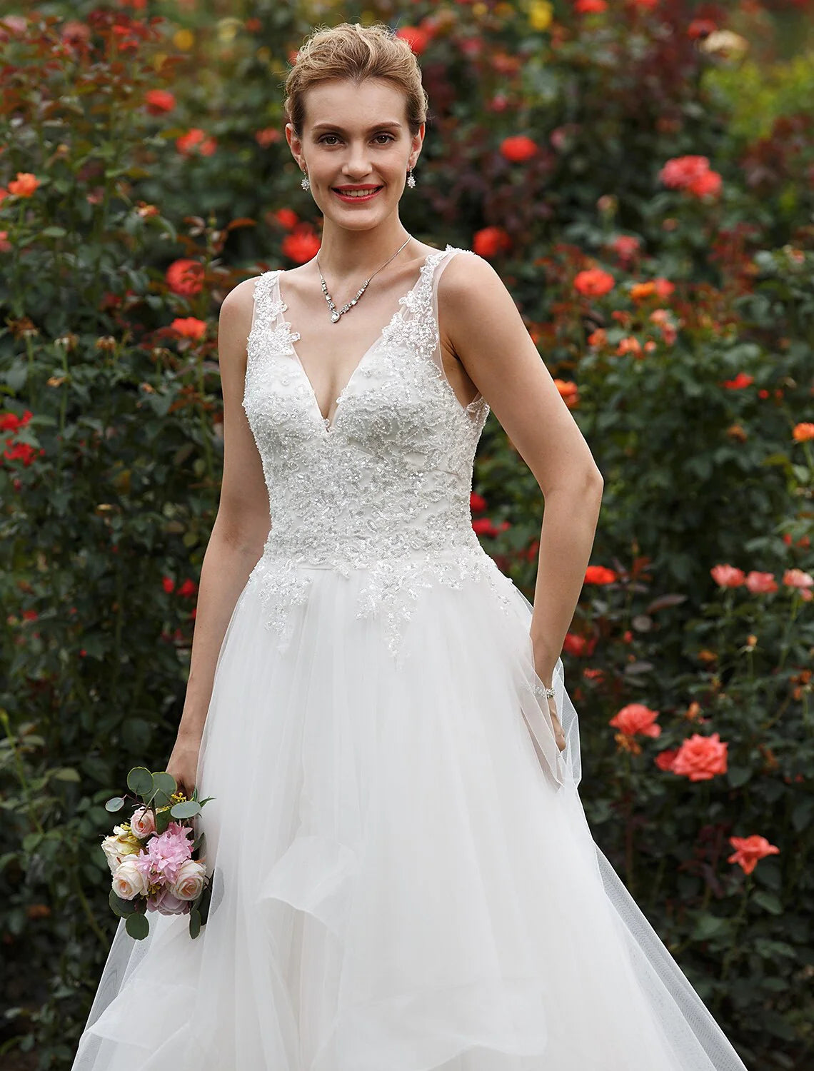 DingjiHall Wedding Dresses Princess Plunging Neck Sleeveless Chapel Train Tulle Bridal Gowns With Sequi