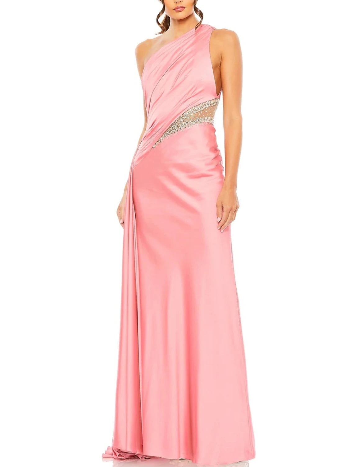A-Line Evening Gown Elegant Dress Formal Floor Length Sleeveless One Shoulder Satin with Glitter Ruched Sequin