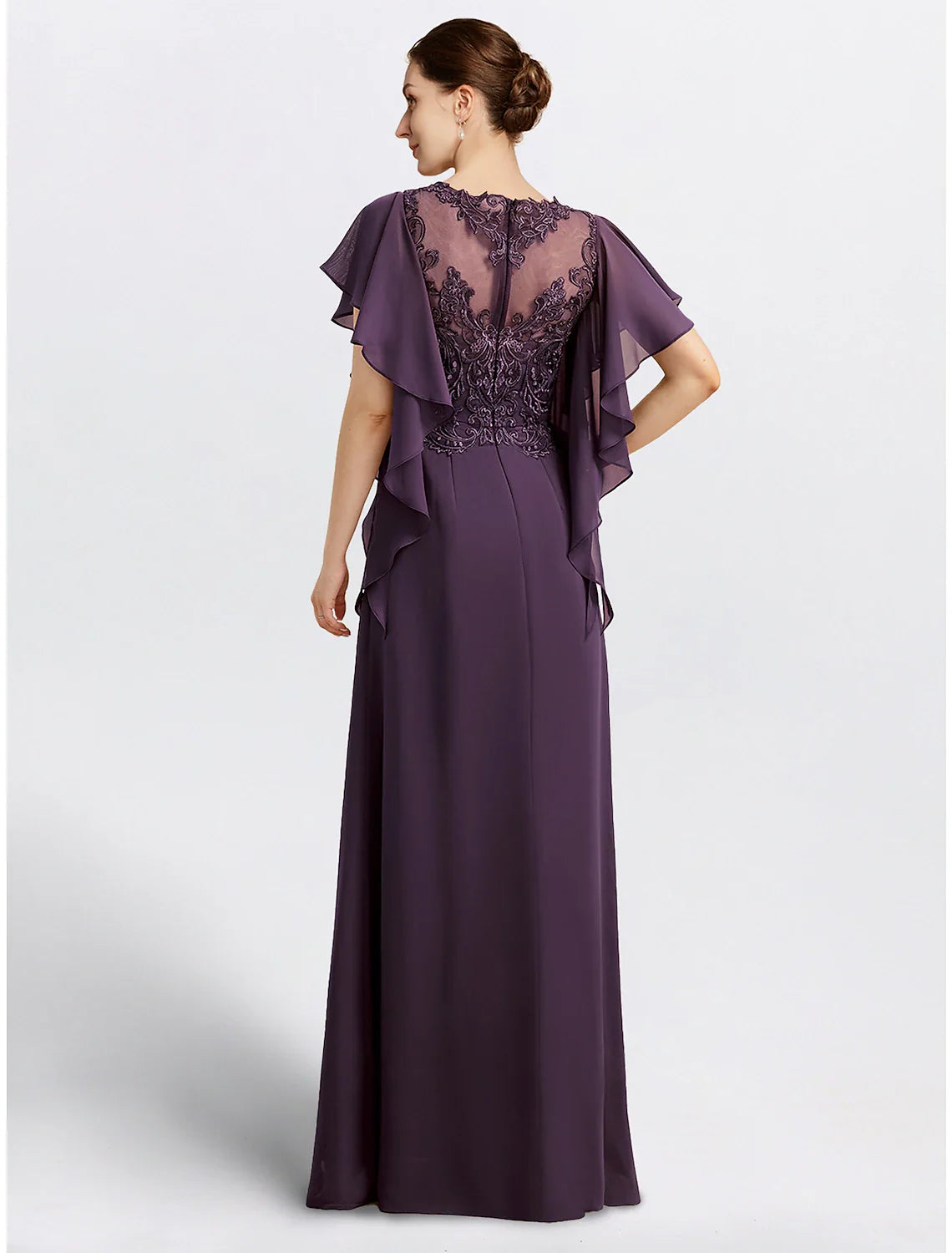 DingjiSheath Mother of the Bride Dress Cape Dress Formal Wedding Guest Elegant Jewel Neck Floor Length Chiffon Short Sleeve with Beading Appliques