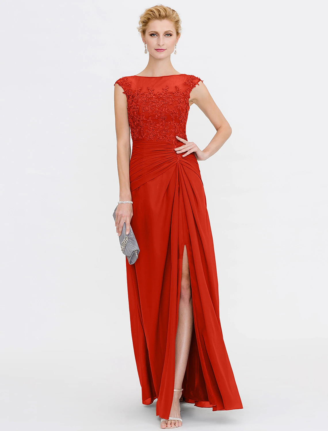 A-Line Mother of the Bride Dress Wedding Guest Elegant See Through Bateau Neck Floor Length Chiffon Lace Sleeveless with Side Draping Fall