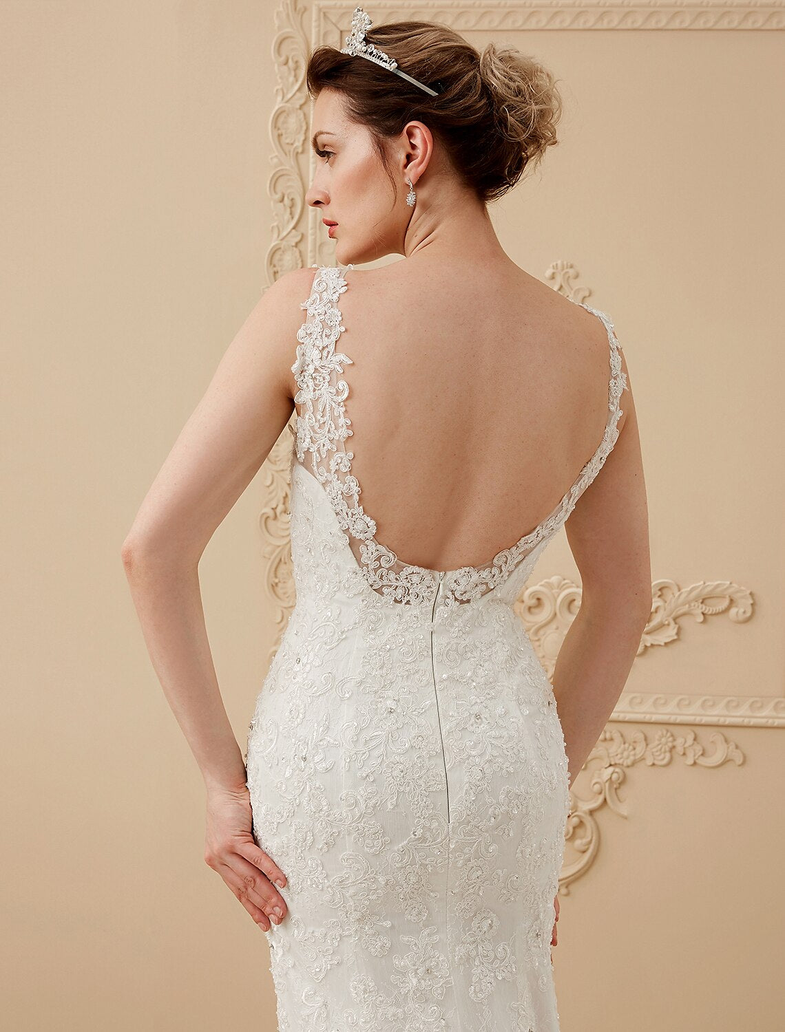 Hall Wedding Dresses Mermaid / Trumpet Scoop Neck Regular Straps Chapel Train Tulle Over Lace Bridal Gowns With Beading