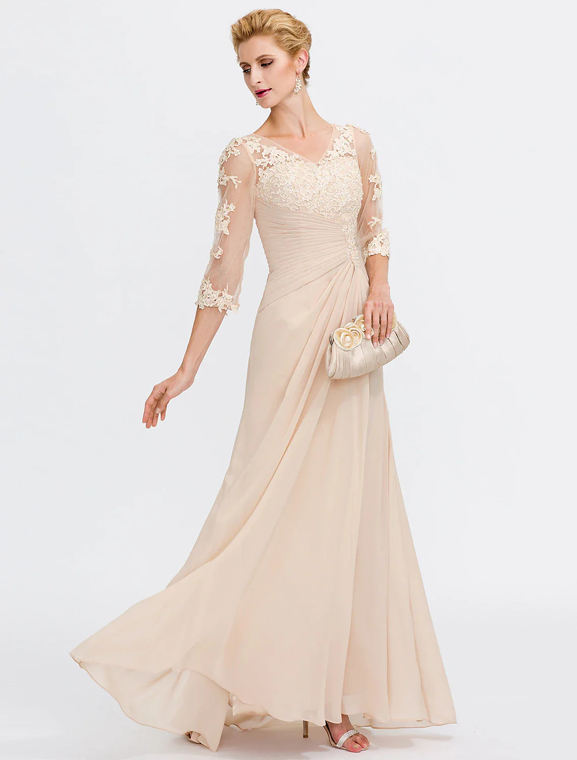 DingjiA-Line Mother of the Bride Dress Fall Wedding Guest Dresses Plus Size Elegant See Through V Neck Floor Length Chiffon Half Sleeve with Appliques Side Draping