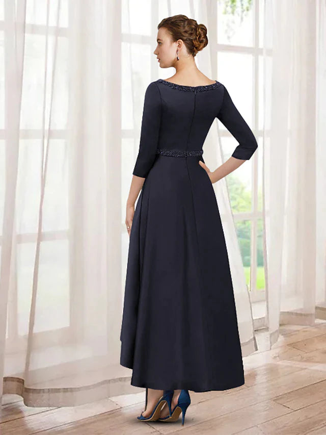 A-Line Mother of the Bride Dress Elegant High Low V Neck Asymmetrical Tea Length Satin Half Sleeve with BeadingA-Line Mother of the Bride Dress Elegant High Low V Neck Asymmetrical Tea Length Satin Half Sleeve with Beading