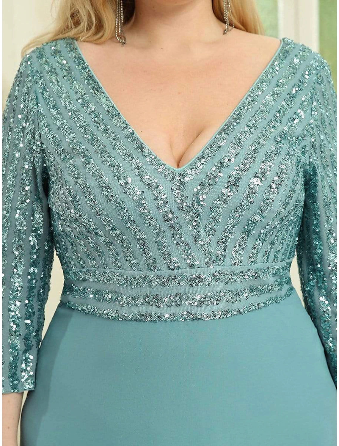 A-Line Evening Gown Plus Size Dress Wedding Guest Floor Length 3/4 Length Sleeve V Neck Chiffon V Back with Sequin