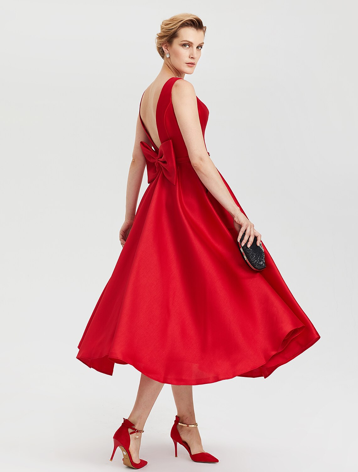 A-Line Elegant Open Back Evening Party Formal Dress Jewel Neck Sleeveless Tea Length Satin with Rhinestone Crystal Sash / Ribbon