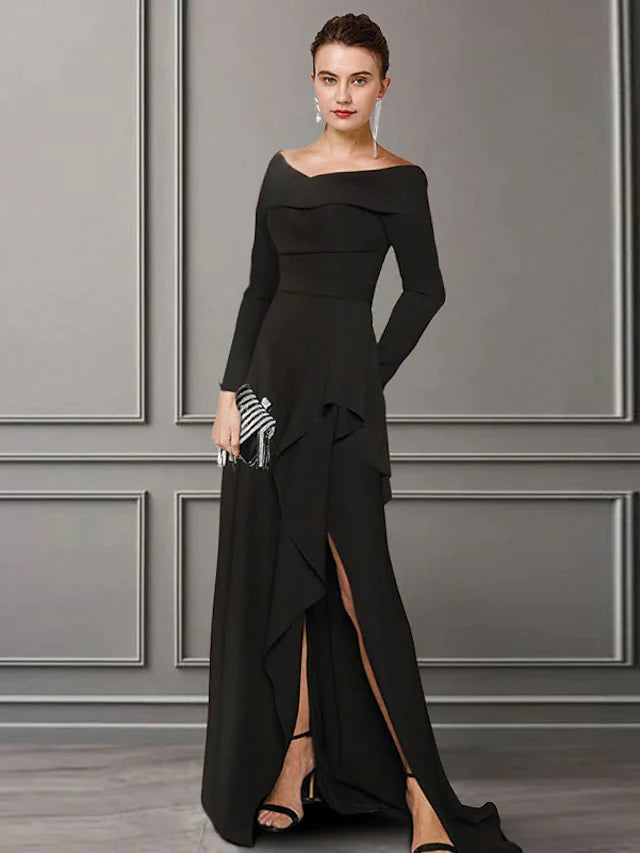 A-Line Mother of the Bride Dress Elegant Off Shoulder Sweep / Brush Train Lace Stretch Fabric Long Sleeve with Ruched Split Front