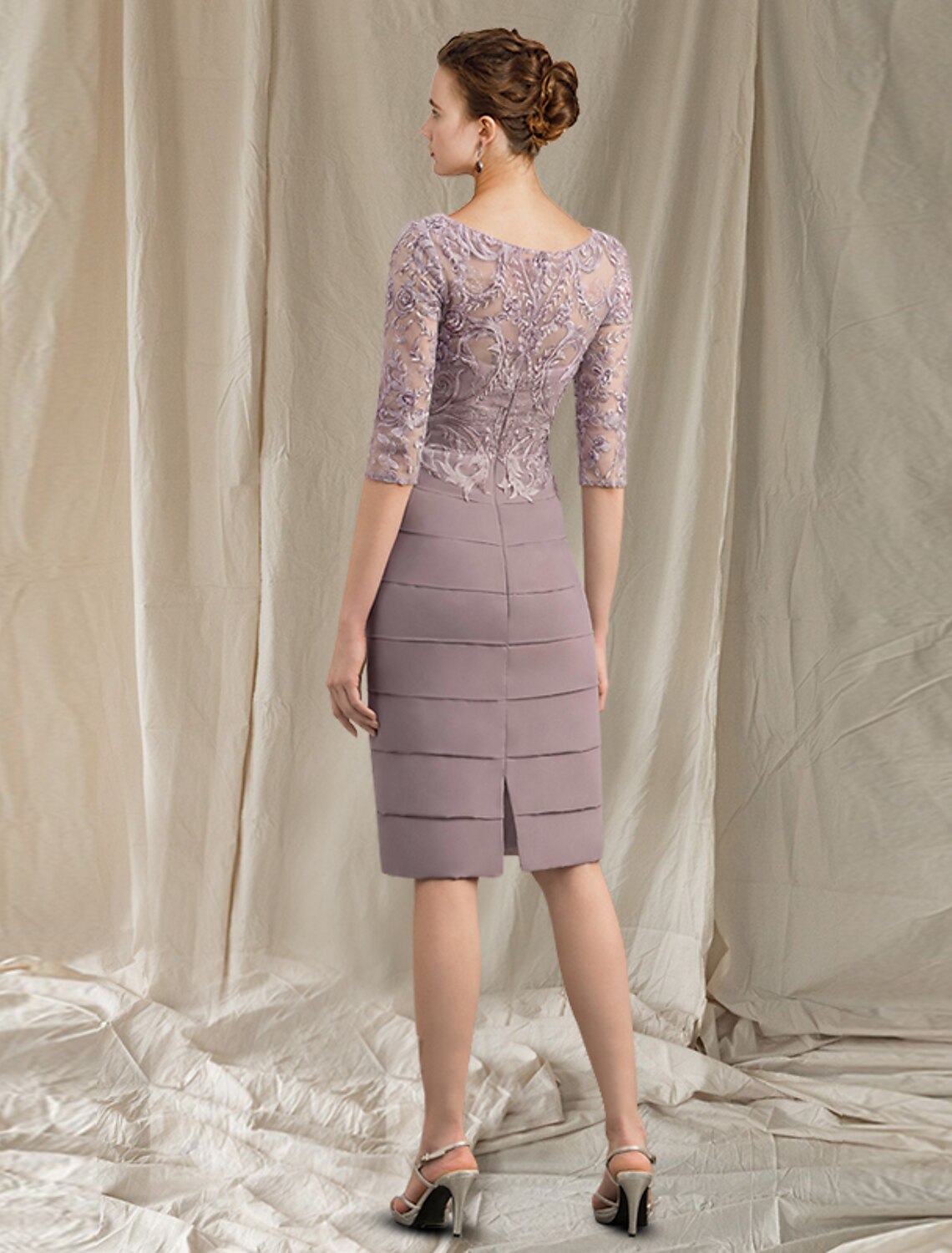 Two Piece Sheath / Column Mother of the Bride Dress Church Elegant Jewel Neck Knee Length Chiffon Lace Half Sleeve Jacket Dresses with Appliques