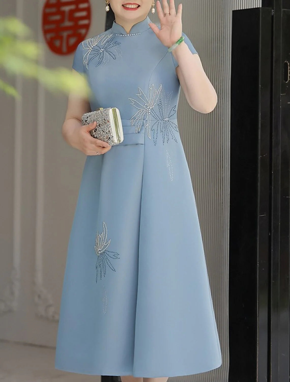 DingjiA-Line Cocktail Dresses Elegant Dress Wedding Party Tea Length Short Sleeve Stand Collar Satin with Appliques