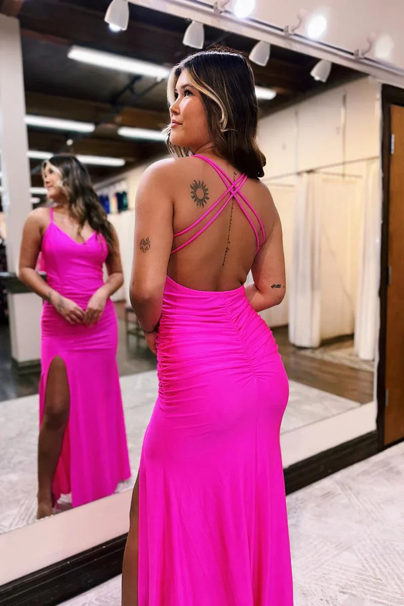 A-Line Prom Dresses Minimalist Dress Party Wear Sweep / Brush Train Sleeveless Spaghetti Strap Satin with Pleats Slit ﻿