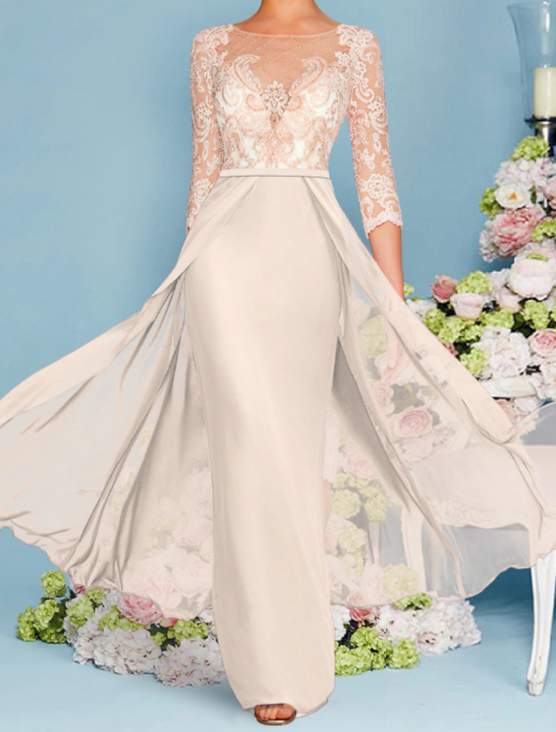 Sheath / Column Mother of the Bride Dress Wedding Guest Elegant Luxurious Scoop Neck Floor Length Chiffon Lace 3/4 Length Sleeve with Beading Appliques