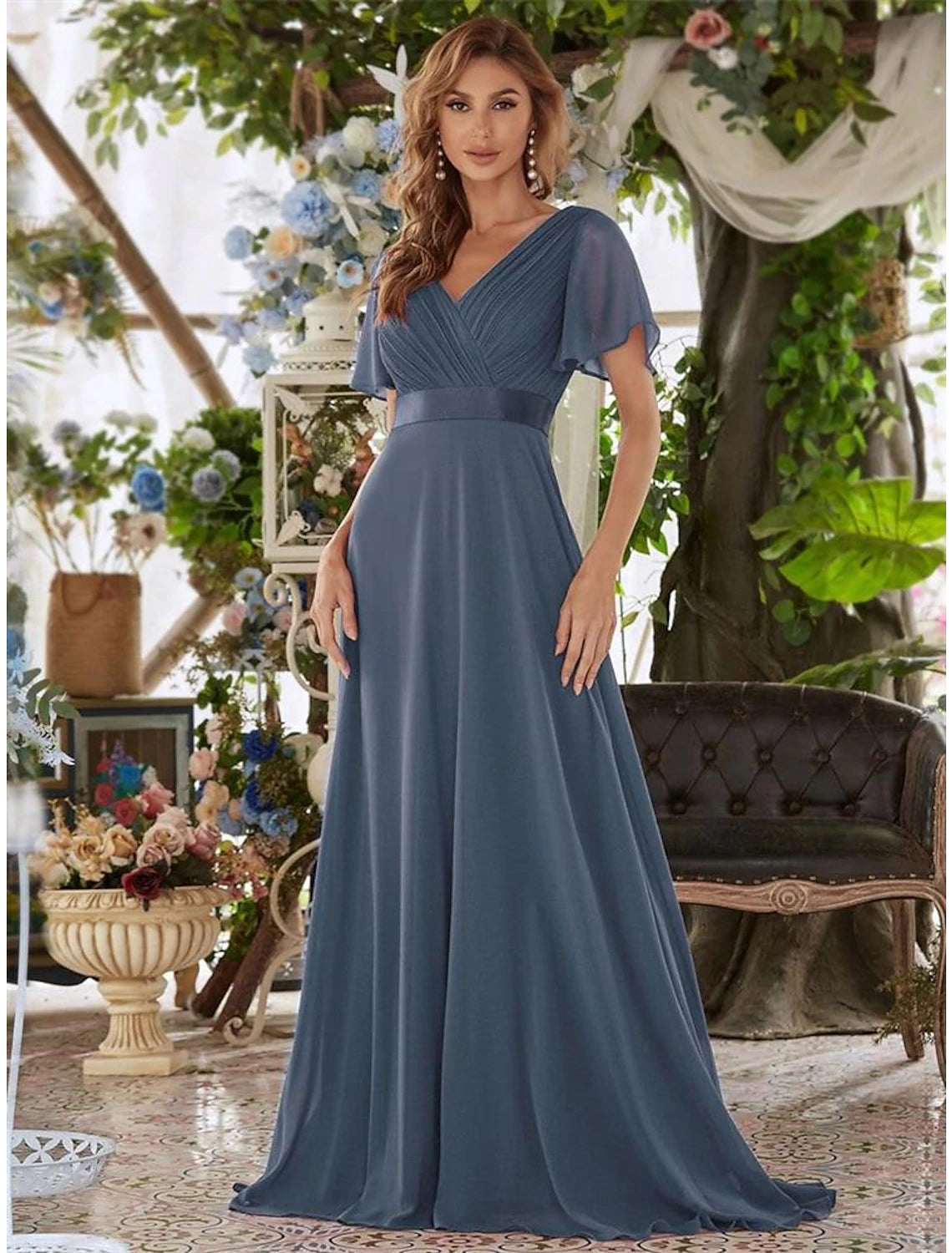 A-Line Evening Gown Empire Dress Wedding Guest Formal Evening Floor Length Short Sleeve V Neck Bridesmaid Dress Chiffon V Back with Ruffles Pure Color