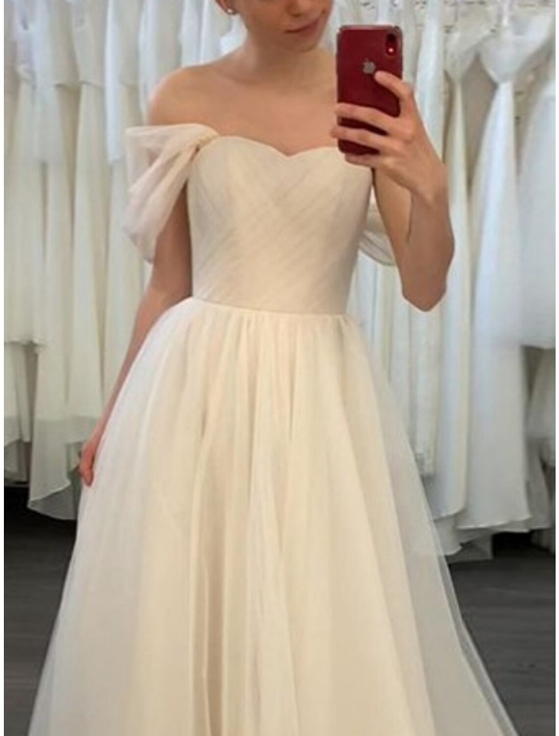 Engagement Casual Wedding Dresses Sheath / Column Off Shoulder Short Sleeve Court Train Tulle Bridal Gowns With Pleats Solid Color