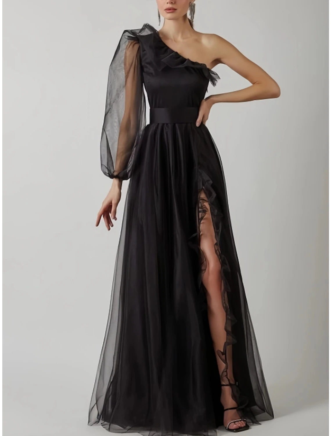 Sheath Prom Dress Elegant Black Dress Plus Size Evening Birthday Floor Length Long Sleeve One Shoulder Tulle with Pleats Ruffles Slit