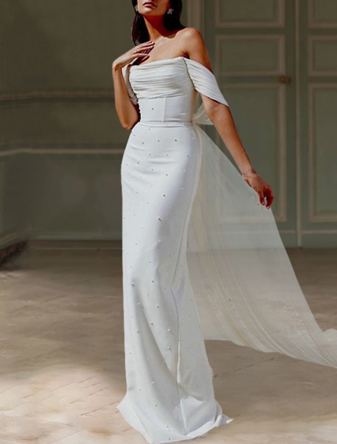 Beach Casual Wedding Dresses Sheath / Column Off Shoulder Cap Sleeve Sweep / Brush Train Satin Bridal Gowns With Pearls Draping