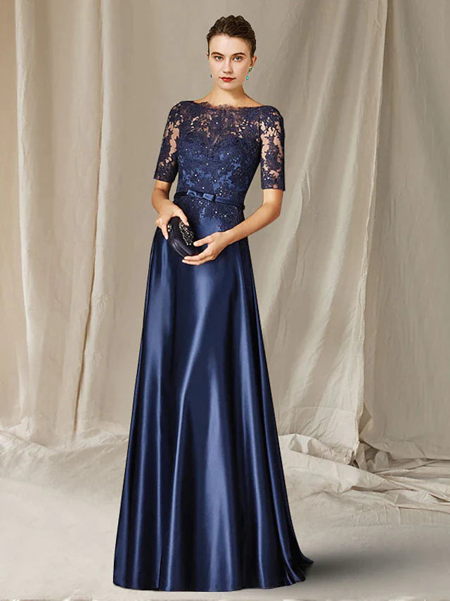 A-Line Mother of the Bride Dress Plus Size Elegant Jewel Neck Floor Length Lace Charmeuse Short Sleeve with Bow(s) Appliques