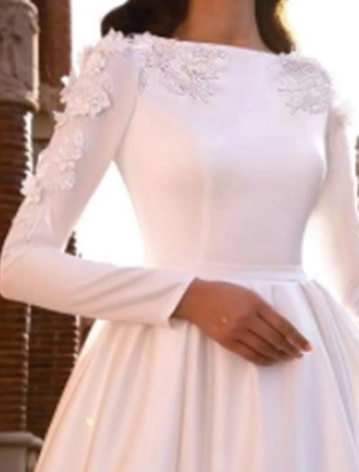 Formal Fall Wedding Dresses A-Line Scoop Neck Long Sleeve Sweep / Brush Train Satin Bridal Gowns With Pleats Appliques Summer Wedding Party, Women's Clothing