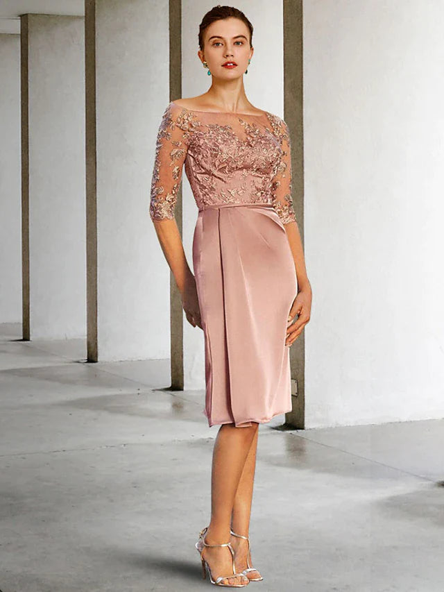 Sheath / Column Mother of the Bride Dress Vintage Elegant Jewel Neck Knee Length Lace Charmeuse Half Sleeve with Appliques Side-Draped