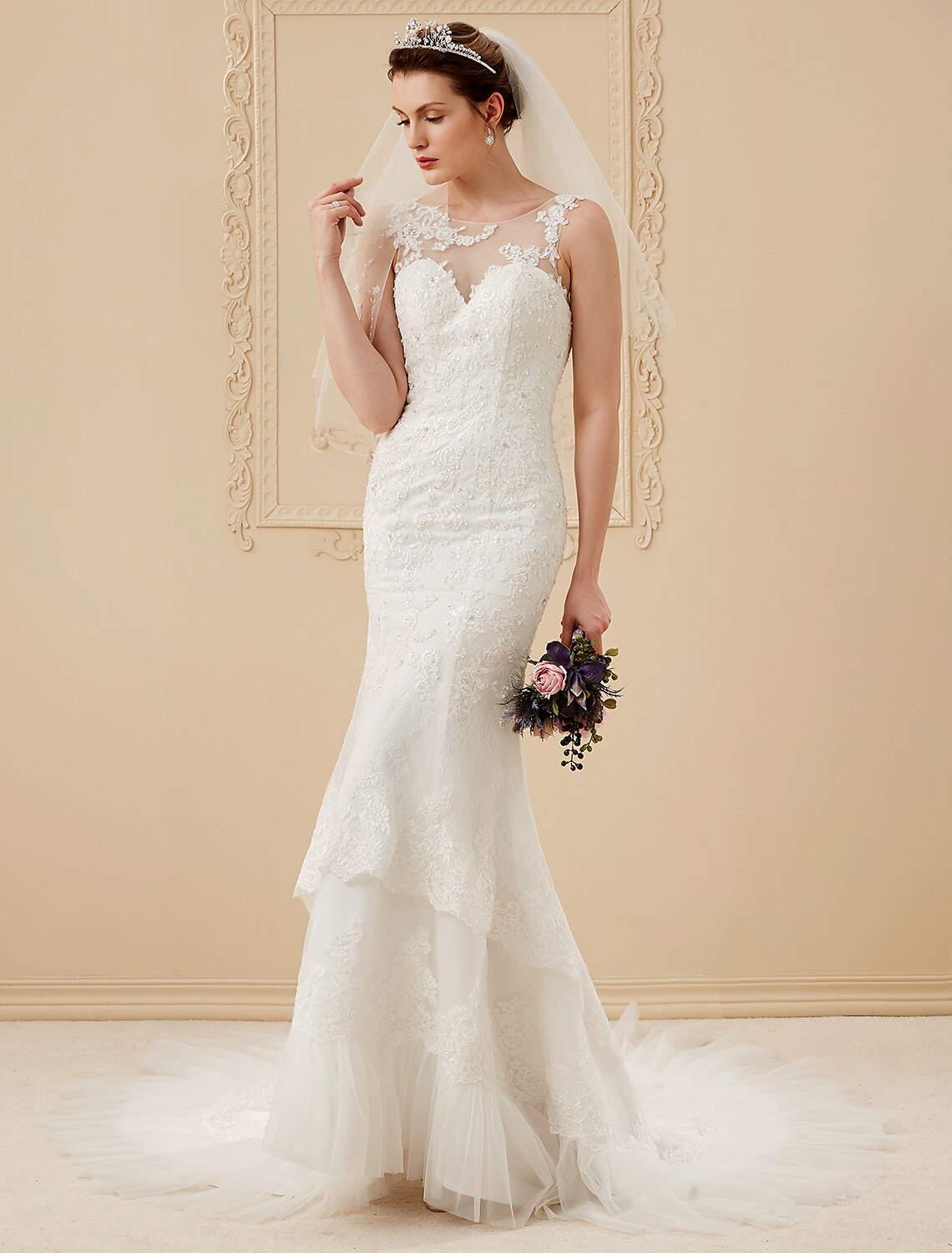 Hall Wedding Dresses Mermaid / Trumpet Scoop Neck Regular Straps Chapel Train Tulle Over Lace Bridal Gowns With Beading
