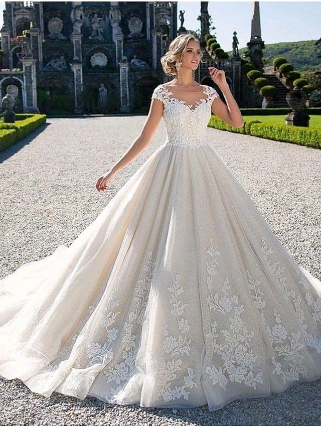 DingjiEngagement Open Back Sexy Formal Wedding Dresses Chapel Train Ball Gown Cap Sleeve Illusion Neck Lace With Appliques