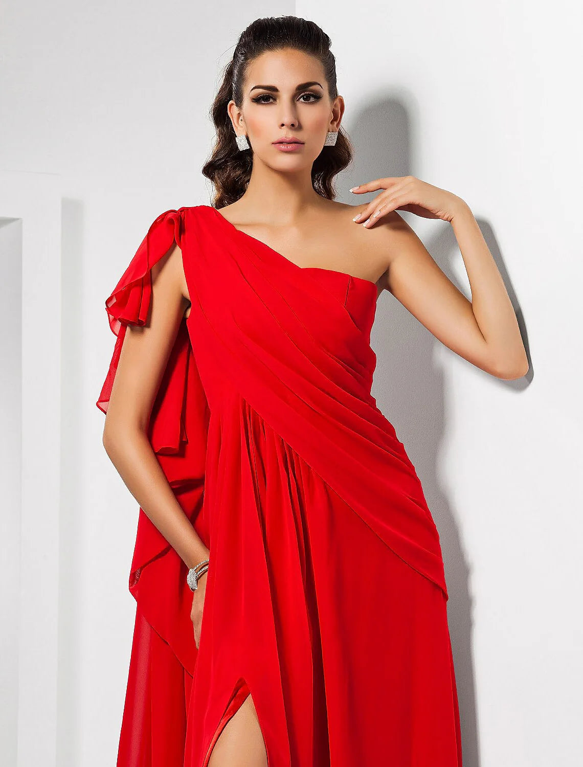Sheath Red Green Dress Empire Wedding Guest Formal Evening Dress One Shoulder Sleeveless Floor Length Chiffon with Draping Slit
