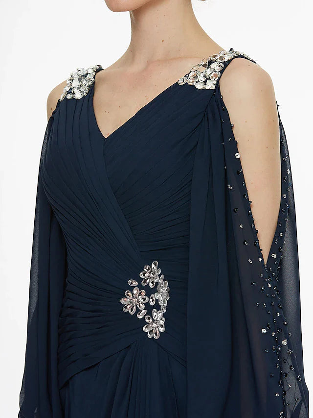 A-Line Mother of the Bride Dress High Low V Neck Asymmetrical Chiffon 3/4 Length Sleeve with Sash / Ribbon Pleats Beading