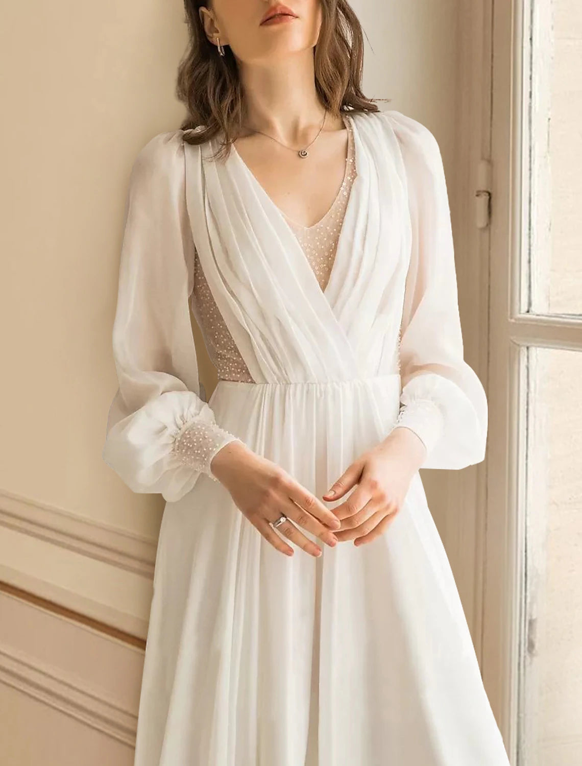 Bridal Shower Little White Dresses Wedding Dresses A-Line V Neck Long Sleeve Ankle Length Chiffon Bridal Gowns With Solid Color