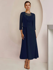 jacket dresses for wedding guest Sheath Column Tea Length Party Dress Cocktail Dress Dress Mother of the Bride Dress Fully Lined Two Piece Mother of the