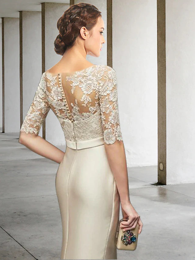 Mermaid / Trumpet Mother of the Bride Dress Elegant Jewel Neck Knee Length Satin Lace Half Sleeve with Bow(s) Appliques