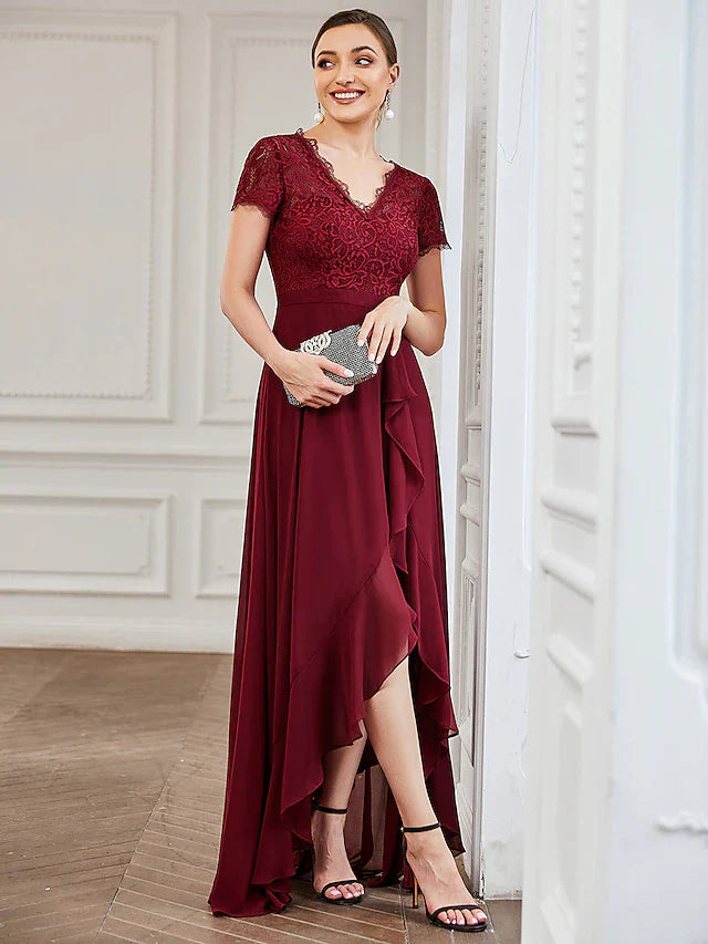 DingjiA-Line Cocktail Dresses Minimalist Dress Wedding Party Asymmetrical Short Sleeve V Neck Lace with Slit