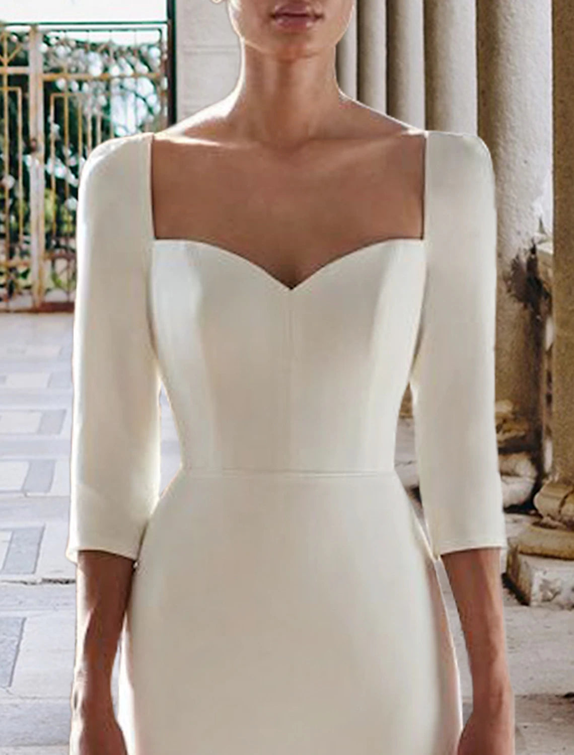 Hall Casual Wedding Dresses Mermaid / Trumpet Sweetheart Half Sleeve Sweep / Brush Train Stretch Fabric Bridal Gowns With Solid Color