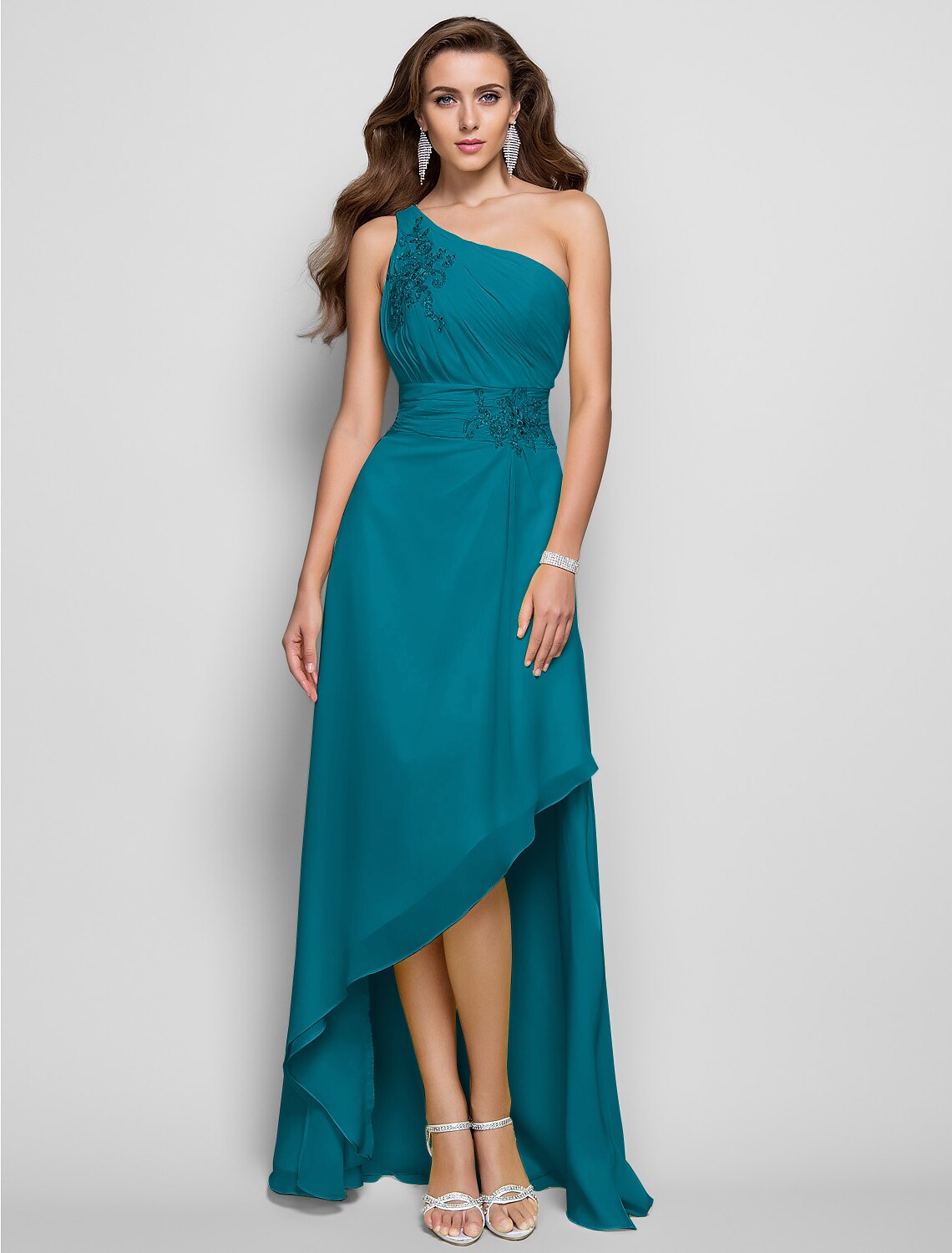 Sheath / Column Elegant Dress Wedding Guest Cocktail Party Asymmetrical Sleeveless One Shoulder Bridesmaid Dress Chiffon with Beading Slit Appliques
