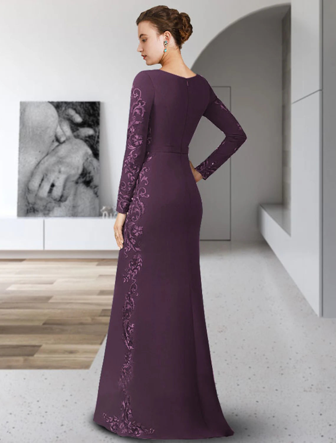 Sheath / Column Mother of the Bride Dress Elegant Jewel Neck Floor Length Chiffon Lace Long Sleeve with Sash / Ribbon Appliques 2023