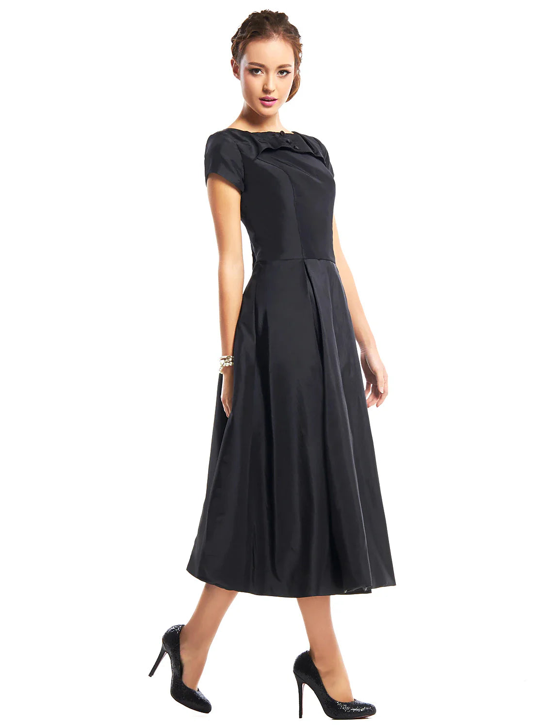 DingjiA-Line Black Dress Vintage Homecoming Wedding Guest Tea Length Short Sleeve Boat Neck Taffeta with Buttons