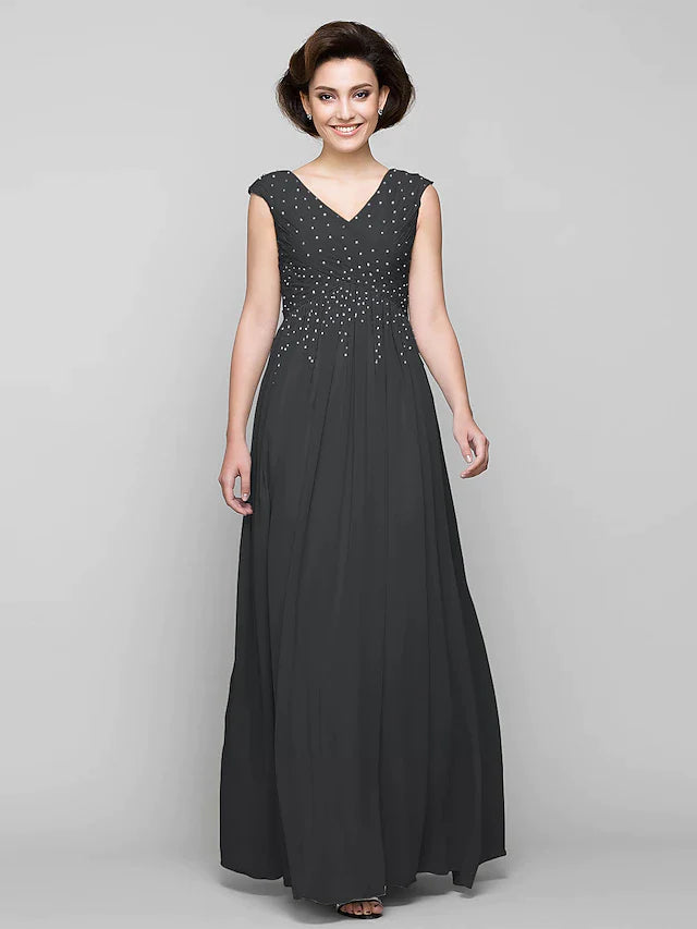 DingjiA-Line Mother of the Bride Dress Elegant V Neck Floor Length Chiffon Sleeveless with Criss Cross Beading