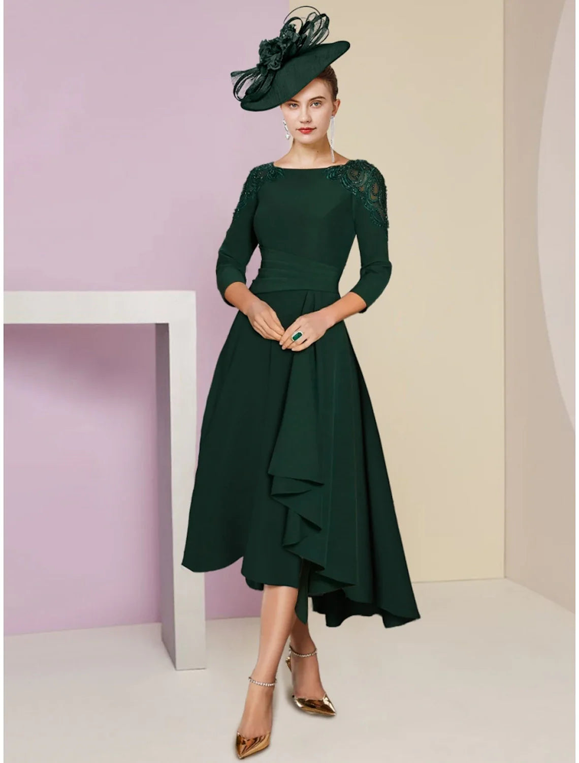 DingjiA-Line Mother of the Bride Dress Wedding Guest Elegant Scoop Neck Asymmetrical Stretch Chiffon 3/4 Length Sleeve with Sequin Ruching Solid Color