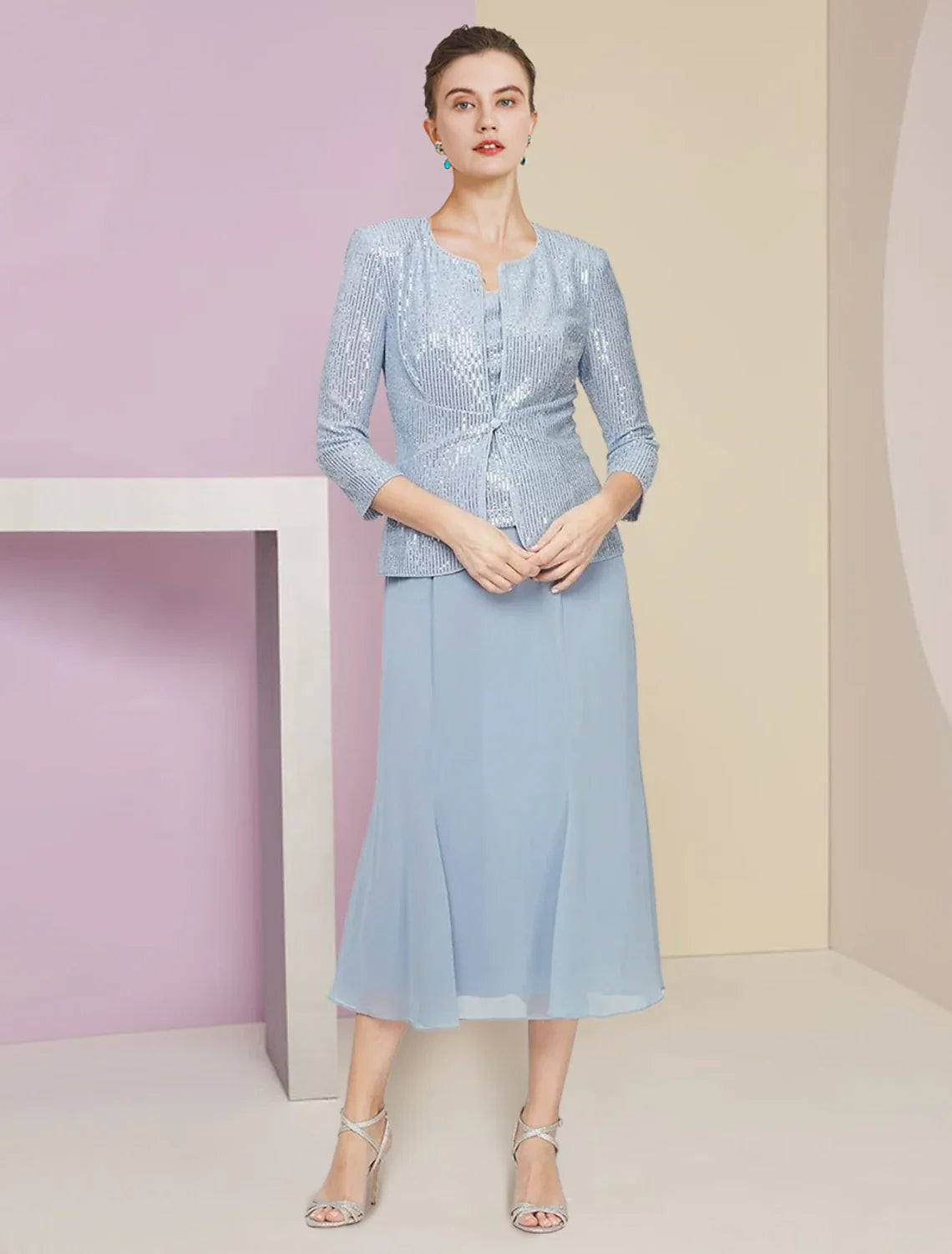 DingjiTwo Piece A-Line Mother of the Bride Dress Wedding Guest Winter With Jacket 3/4 Sleeve Scoop Neck Tea Length Chiffon Sequined Pleats Sequin Solid Color Sparkle & Shine Petite