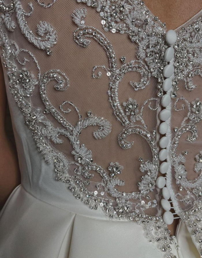 A-line V-Neck Chapel Train Satin Wedding Dress With Beading