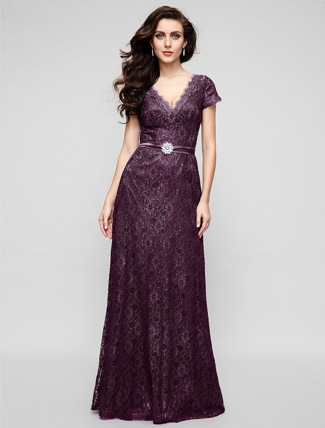 A-Line Elegant Dress Holiday Cocktail Party Floor Length Short Sleeve V Neck All Over Lace with Crystal Brooch
