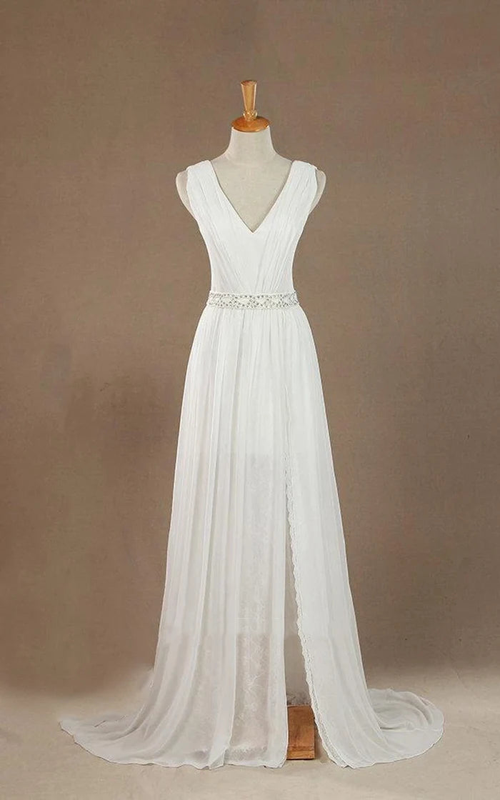 V-Neck Chiffon Beading High Slit Weddig Dress with Low-V Back