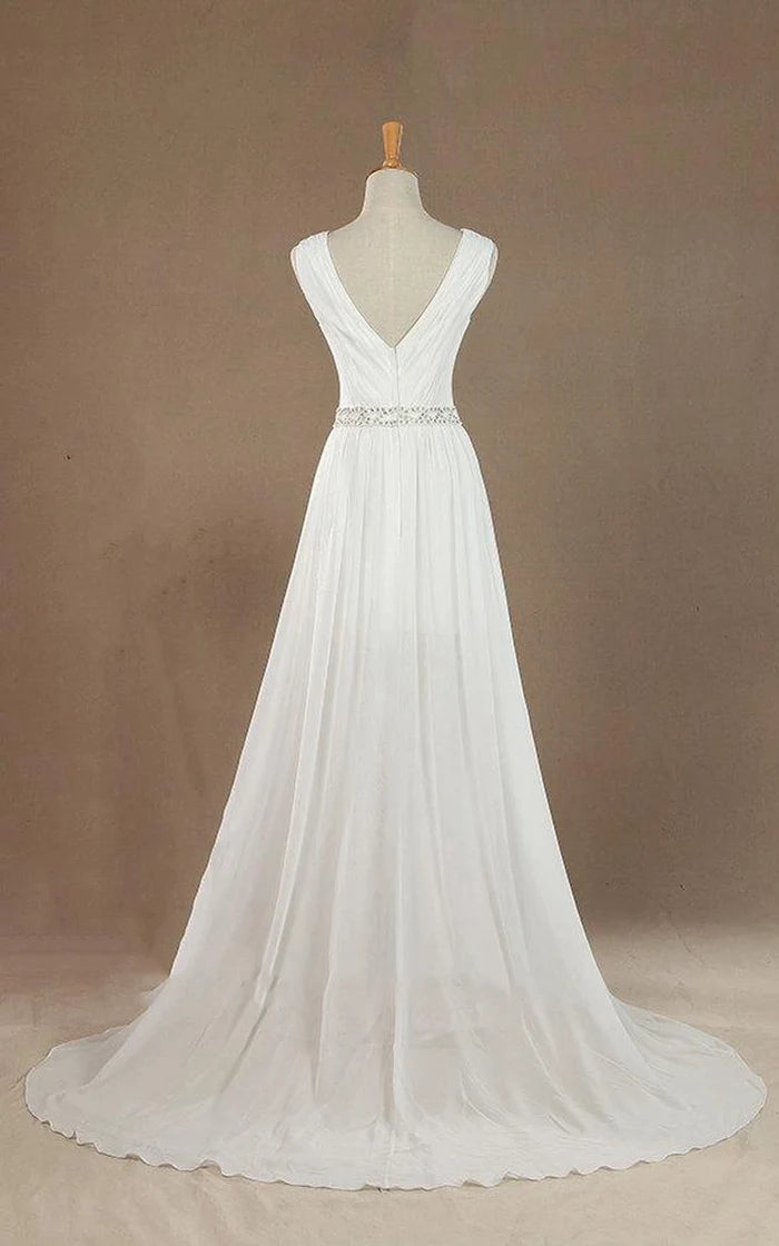 V-Neck Chiffon Beading High Slit Weddig Dress with Low-V Back