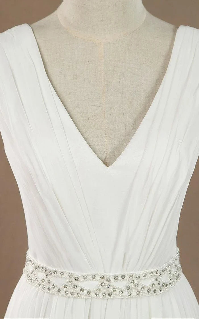 V-Neck Chiffon Beading High Slit Weddig Dress with Low-V Back