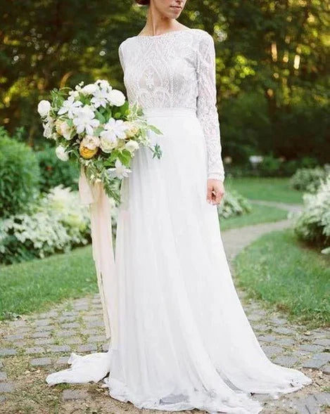 Bohemian Wedding Dresses With Long Sleeves Bateau Lace Top Chiffon Boho Bridal Gown vestido de noiva robe de mariee