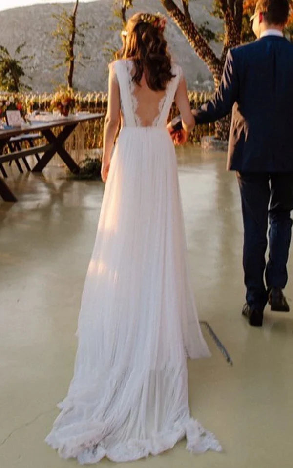 A-Line Plunging Neckline Chiffon Lace Wedding Dress With Open Back And Pleats