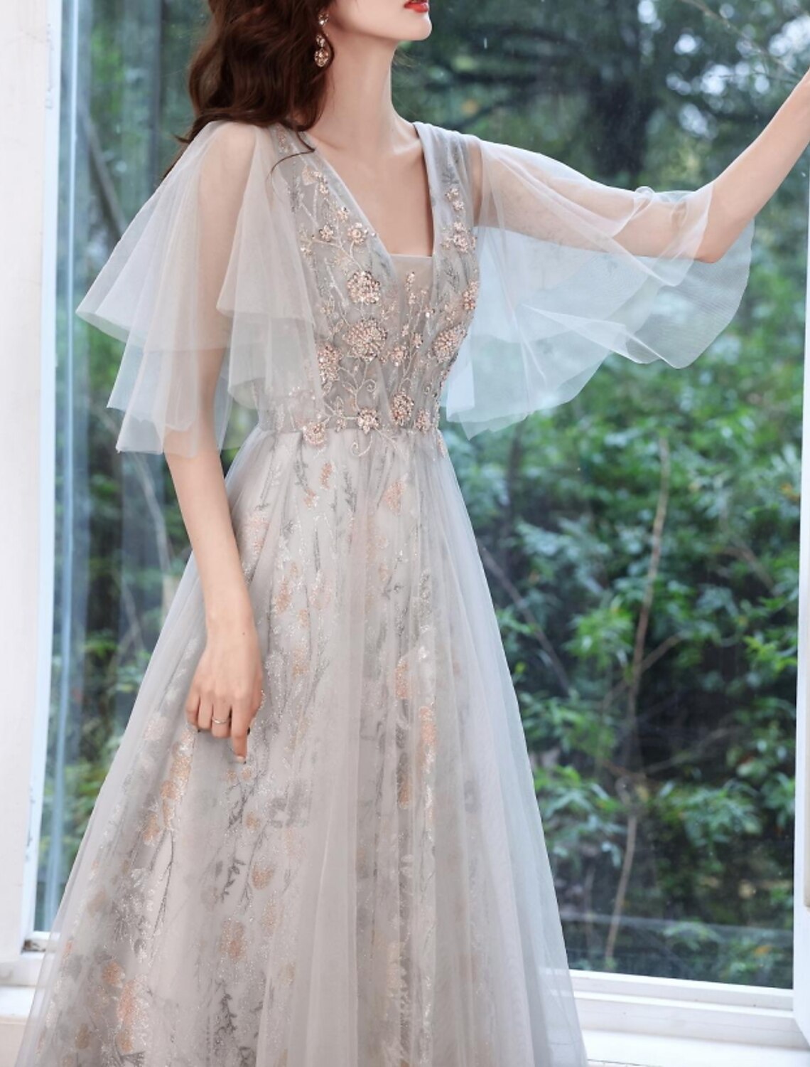 A-Line Color Block Elegant Party Wear Prom Dress V Neck Short Sleeve Floor Length Tulle with Appliques