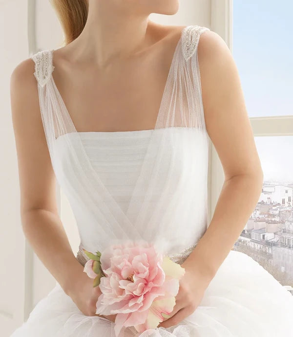 Top-ruched Layered Gown With Beaded Tulle Straps