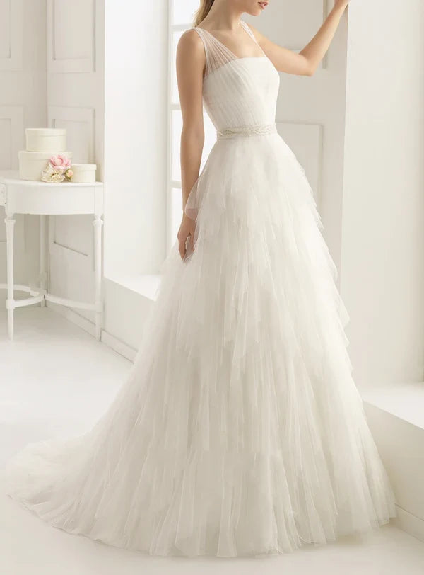 Top-ruched Layered Gown With Beaded Tulle Straps